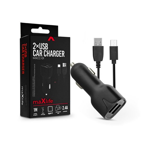 Maxlife 2xUSB szivargyújtó töltő adapter + USB - Type-C kábel 1 m-es vezetékkel - Maxlife MXCC-01 Type-C 2xUSB Car Fast Charger - 5V/2,4A - fekete