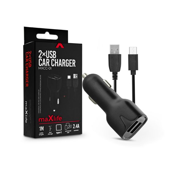 Maxlife 2xUSB szivargyújtó töltő adapter + USB - Type-C kábel 1 m-es vezetékkel - Maxlife MXCC-01 Type-C 2xUSB Car Fast Charger - 5V/2,4A - fekete