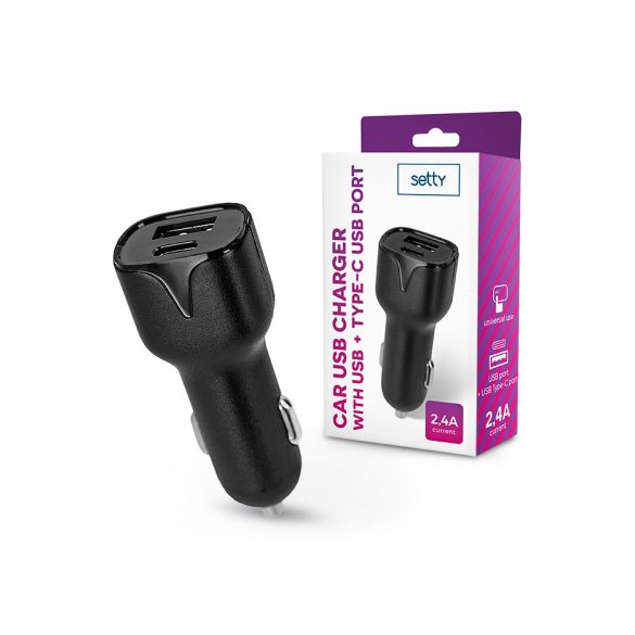 Setty szivargyújtó töltő adapter USB + Type-C bemenettel - Setty Car USB Chargerwith USB +Type-C Ports - 5V/2,4A - fekete