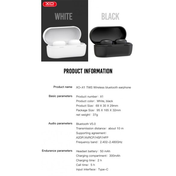 XO TWS Bluetooth sztereó headset v5.0 + töltőtok - XO X1 True Wireless Earphones with Charging Case - fehér