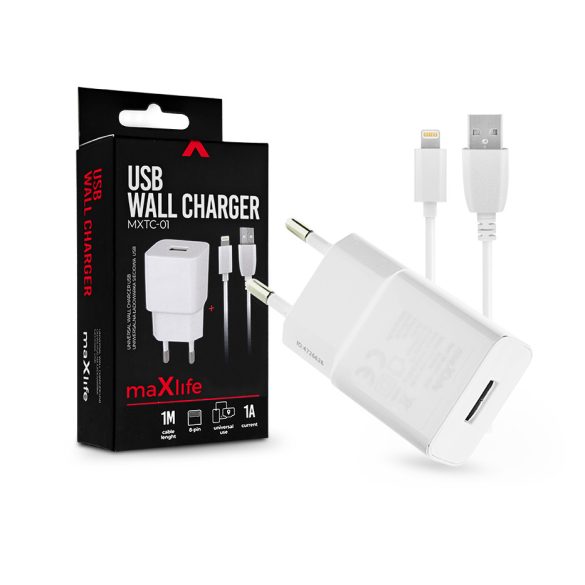 Maxlife USB hálózati töltő adapter + USB - Lightning kábel 1 m-es vezetékkel -  Maxlife MXTC-01 USB Wall Charger - 5V/1A - fehér