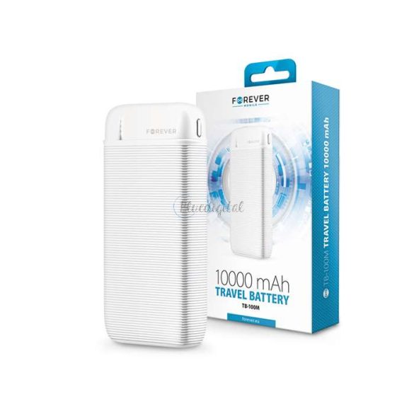 Univerzális hordozható, asztali akkumulátor töltő - Forever TB-100M Power Bank - USB+Type-C+MicroUSB - 10.000 mAh - fehér