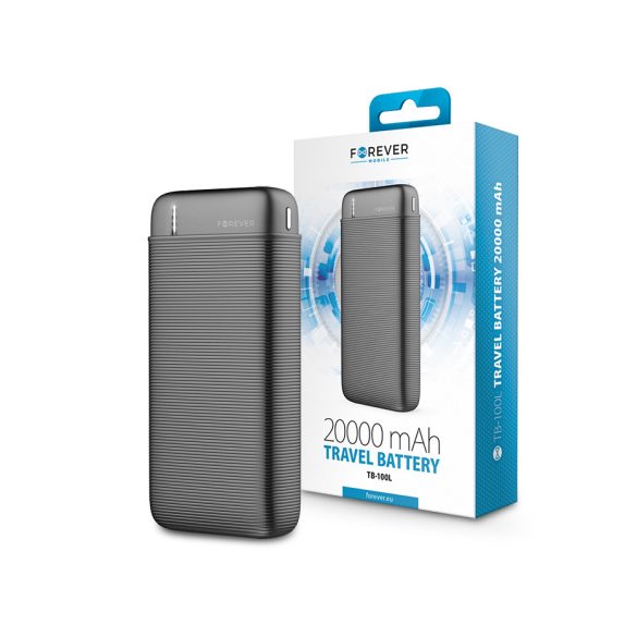 Univerzális hordozható, asztali akkumulátor töltő - Forever TB-100L Power Bank -2xUSB+Type-C+MicroUSB - 20.000 mAh - fekete