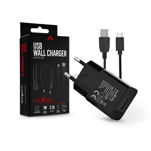 Maxlife USB hálózati töltő adapter + USB - micro USB kábel 1 m-es vezetékkel -  Maxlife MXTC-01 USB Wall Charger - 5V/2,1A - fekete