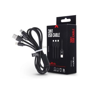 Maxlife USB töltő- és adatkábel 1 m-es vezetékkel - Maxlife 3in1 for            Lightning/microUSB/Type-C USB Cable - 5V/2A - fekete