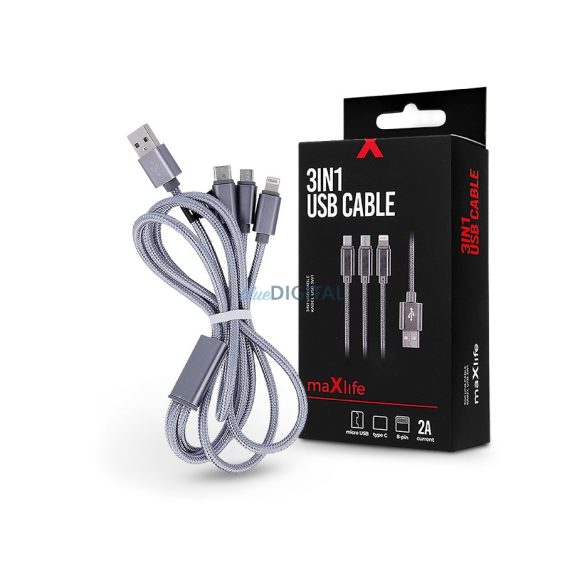 Maxlife USB töltő- és adatkábel 1 m-es vezetékkel - Maxlife 3in1 for            Lightning/microUSB/Type-C USB Cable - 5V/2A - ezüst