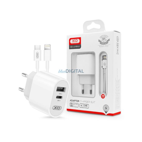 XO hálózati töltő adapter Type-C + USB bemenettel + Type-C - Lightning kábel -  12W - XO L97 Adapter Charger Suit - fehér