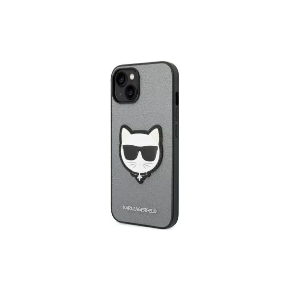 Karl Lagerfeld tok az iPhone 14 Plus 6,7" (KLHCP14MSAPCHG) – ezüst színű PU Saffiano tok Choupette-fejű felvarrással