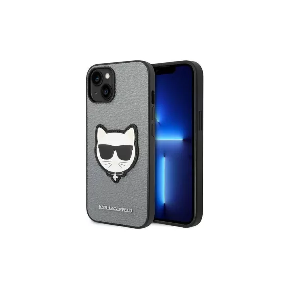 Karl Lagerfeld tok az iPhone 14 Plus 6,7" (KLHCP14MSAPCHG) – ezüst színű PU Saffiano tok Choupette-fejű felvarrással