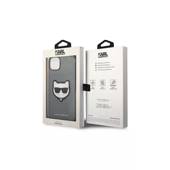 Karl Lagerfeld tok az iPhone 14 Plus 6,7" (KLHCP14MSAPCHG) – ezüst színű PU Saffiano tok Choupette-fejű felvarrással