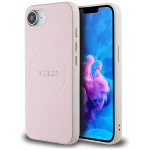 Guess HC MagSafe PU texturált aranygyűrűs tok iPhone 16e, rózsaszín