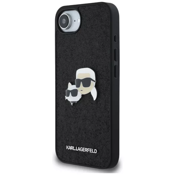 Karl Lagerfeld HC rögzített csillogó K&C Heads logós fém kitűző tok iPhone 16e, fekete