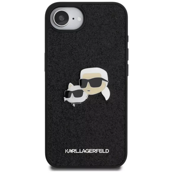 Karl Lagerfeld HC rögzített csillogó K&C Heads logós fém kitűző tok iPhone 16e, fekete