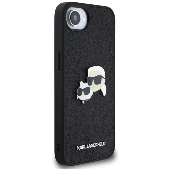 Karl Lagerfeld HC rögzített csillogó K&C Heads logós fém kitűző tok iPhone 16e, fekete