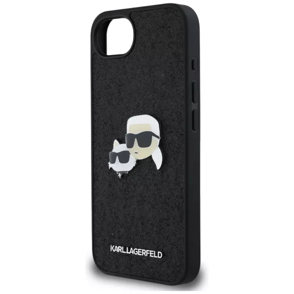 Karl Lagerfeld HC rögzített csillogó K&C Heads logós fém kitűző tok iPhone 16e, fekete