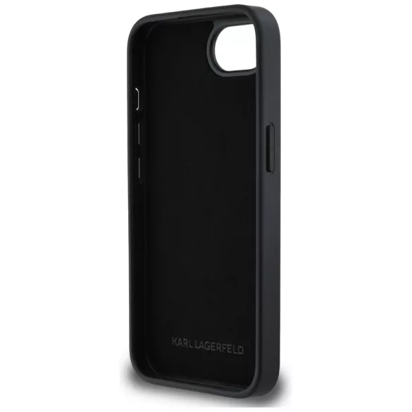 Karl Lagerfeld HC rögzített csillogó K&C Heads logós fém kitűző tok iPhone 16e, fekete