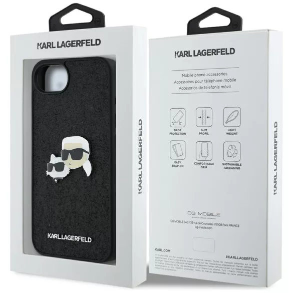Karl Lagerfeld HC rögzített csillogó K&C Heads logós fém kitűző tok iPhone 16e, fekete