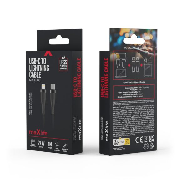 Maxlife MXUC-08 Type-C - Lightning kábel 27W 1m - fekete