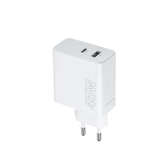 Maxlife MXTC-07-45AC hálózati töltő 1xUSB-A és 1xUSB-C csatlakozással PD QC 45W - fehér