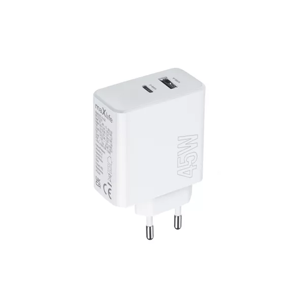 Maxlife MXTC-07-45AC hálózati töltő 1xUSB-A és 1xUSB-C csatlakozással PD QC 45W - fehér