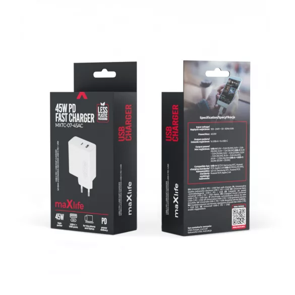 Maxlife MXTC-07-45AC hálózati töltő 1xUSB-A és 1xUSB-C csatlakozással PD QC 45W - fehér