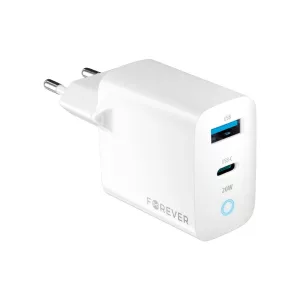 Forever TC-06-20AC hálózati töltő 1xUSB-A és 1xUSB-C csatlakozással PD QC 20W - fehér