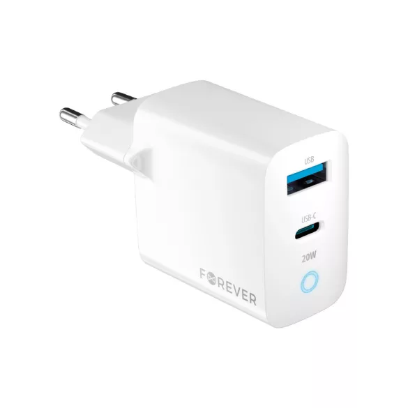 Forever TC-06-20AC hálózati töltő 1xUSB-A és 1xUSB-C csatlakozással PD QC 20W - fehér