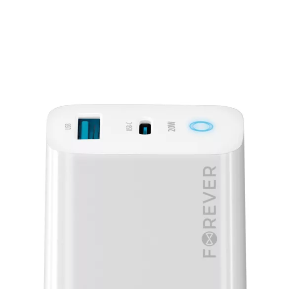 Forever TC-06-20AC hálózati töltő 1xUSB-A és 1xUSB-C csatlakozással PD QC 20W - fehér