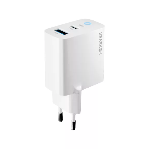 Forever TC-06-20AC hálózati töltő 1xUSB-A és 1xUSB-C csatlakozással PD QC 20W - fehér