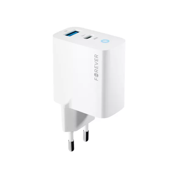 Forever TC-06-20AC hálózati töltő 1xUSB-A és 1xUSB-C csatlakozással PD QC 20W - fehér