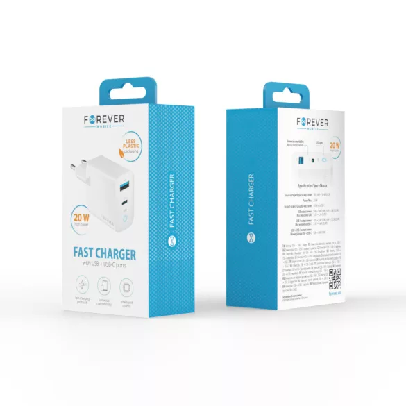Forever TC-06-20AC hálózati töltő 1xUSB-A és 1xUSB-C csatlakozással PD QC 20W - fehér