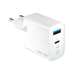   Forever TC-06-45AC hálózati töltő 1xUSB-A és 1xUSB-C csatlakozással GaN PD QC 45W - fehér