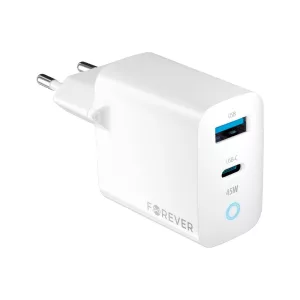 Forever TC-06-45AC hálózati töltő 1xUSB-A és 1xUSB-C csatlakozással GaN PD QC 45W - fehér