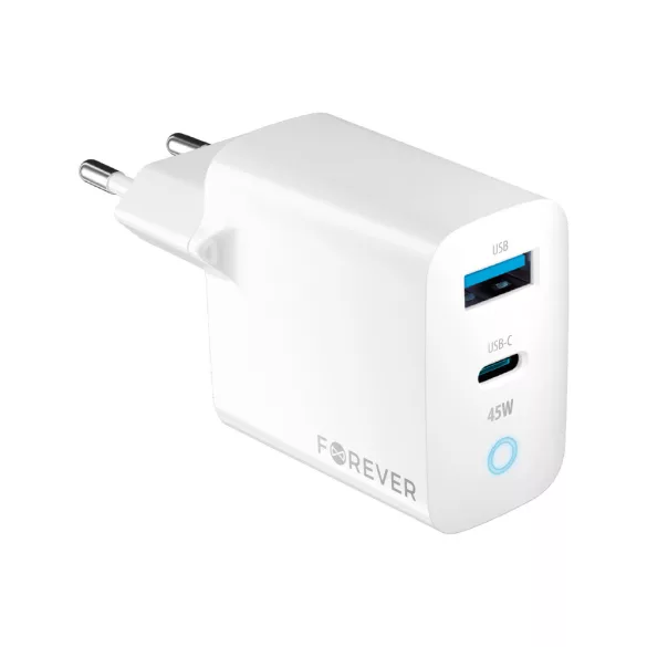 Forever TC-06-45AC hálózati töltő 1xUSB-A és 1xUSB-C csatlakozással GaN PD QC 45W - fehér