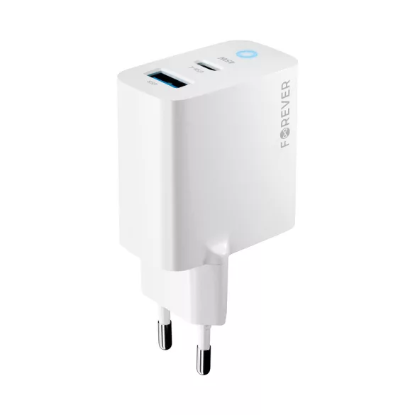 Forever TC-06-45AC hálózati töltő 1xUSB-A és 1xUSB-C csatlakozással GaN PD QC 45W - fehér