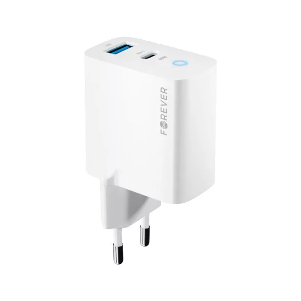 Forever TC-06-45AC hálózati töltő 1xUSB-A és 1xUSB-C csatlakozással GaN PD QC 45W - fehér