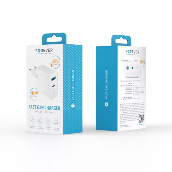 Forever TC-06-45AC hálózati töltő 1xUSB-A és 1xUSB-C csatlakozással GaN PD QC 45W - fehér