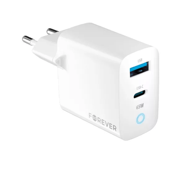 Forever TC-06-65AC hálózati töltő 1xUSB-A és 1xUSB-C csatlakozással GaN PD QC 65W - fehér