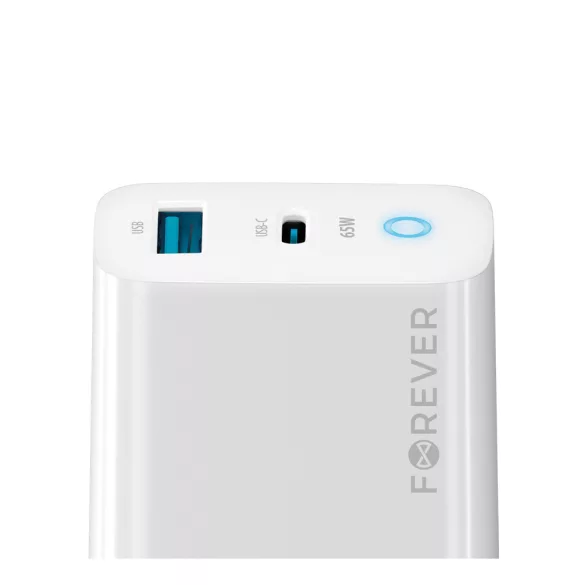 Forever TC-06-65AC hálózati töltő 1xUSB-A és 1xUSB-C csatlakozással GaN PD QC 65W - fehér