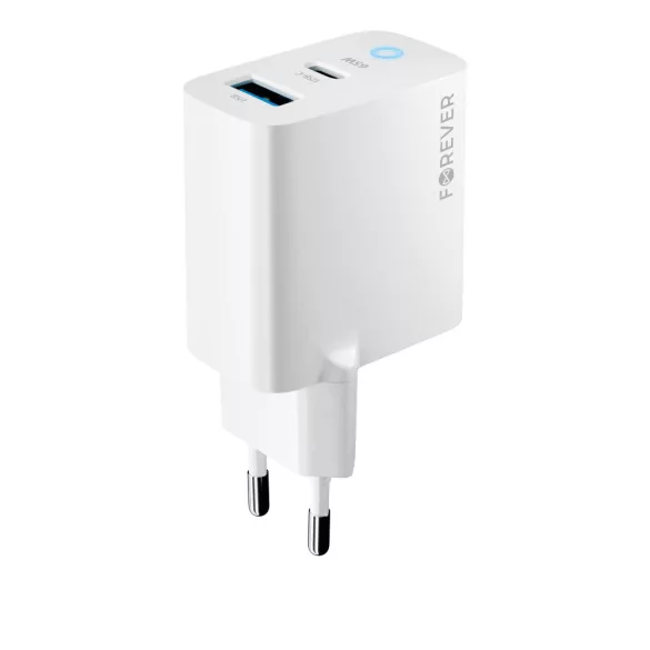 Forever TC-06-65AC hálózati töltő 1xUSB-A és 1xUSB-C csatlakozással GaN PD QC 65W - fehér
