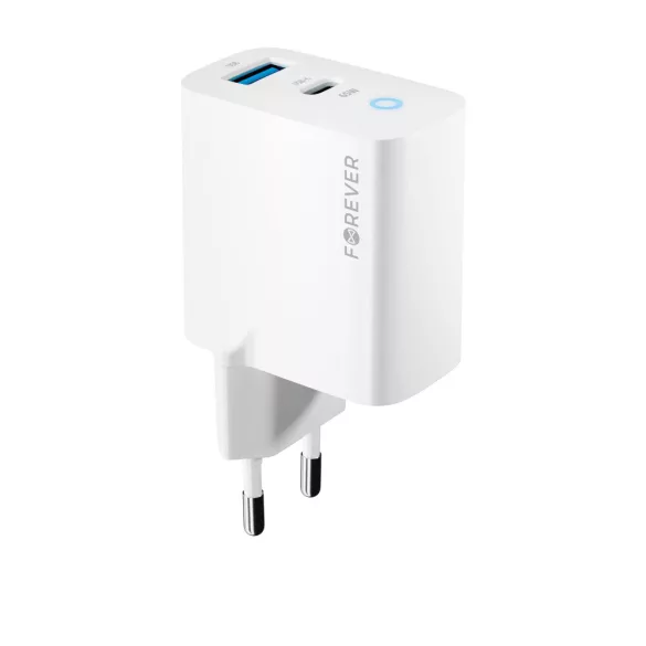 Forever TC-06-65AC hálózati töltő 1xUSB-A és 1xUSB-C csatlakozással GaN PD QC 65W - fehér