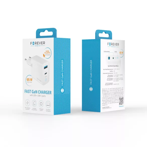 Forever TC-06-65AC hálózati töltő 1xUSB-A és 1xUSB-C csatlakozással GaN PD QC 65W - fehér