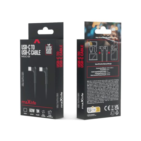 Maxlife MXUC-09 Type-C - Type-C kábel 60W 1m - fekete