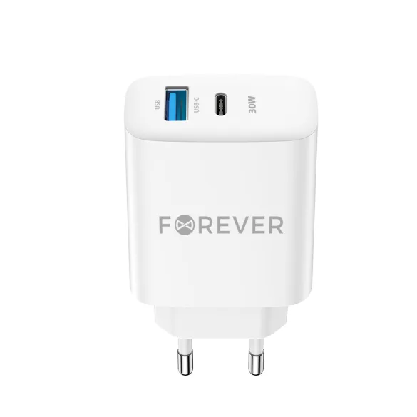 Forever TC-07-30AC hálózati töltő 1xUSB-A és 1xUSB-C csatlakozással PD QC 30W - fehér