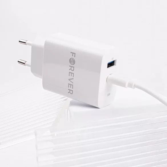 Forever TC-07-30AC hálózati töltő 1xUSB-A és 1xUSB-C csatlakozással PD QC 30W - fehér