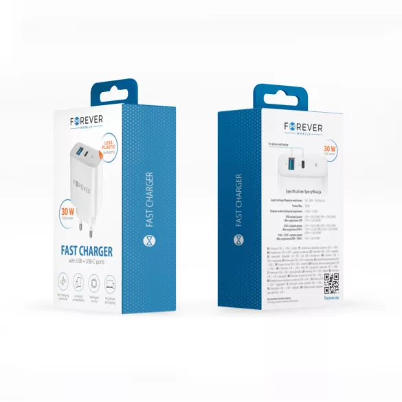 Forever TC-07-30AC hálózati töltő 1xUSB-A és 1xUSB-C csatlakozással PD QC 30W - fehér