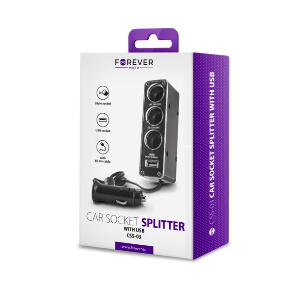 Forever CSS-03 3xszivargyújtó elosztó 1xUSB-A csatlakozással