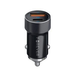 Forever CC-06 autós töltő 1xUSB-A és 1xUSB-C csatlakozással + USB-C - USB-C kábel 60W PD QC - fekete