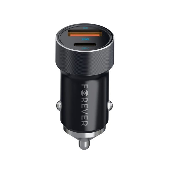 Forever CC-06 autós töltő 1xUSB-A és 1xUSB-C csatlakozással + USB-C - USB-C kábel 60W PD QC - fekete