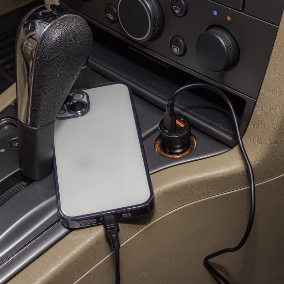 Forever CC-06 autós töltő 1xUSB-A és 1xUSB-C csatlakozással + USB-C - USB-C kábel 60W PD QC - fekete